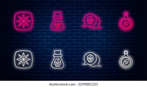 Set line Pirate coin, Skull, Wind rose and Compass. Glowing neon icon on brick wall. Vector