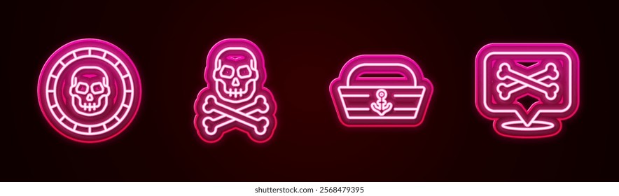 Set line Pirate coin, Skull on crossbones, Sailor hat and Location pirate. Glowing neon icon. Vector