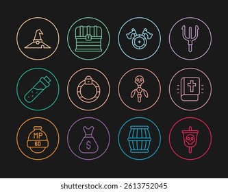 Set line Pirate flag, Holy bible book, Medieval shield with axe, Magic stone ring, Bottle potion, Witch hat, staff and Chest icon. Vector