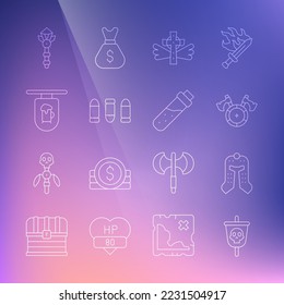 Set line Pirate flag, Medieval helmet, shield with axe, Christian cross, Bullet, Street signboard Bar, Magic wand and Bottle potion icon. Vector