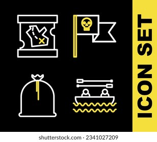 Set line Pirate flag with skull, Boat oars, sack and treasure map icon. Vector
