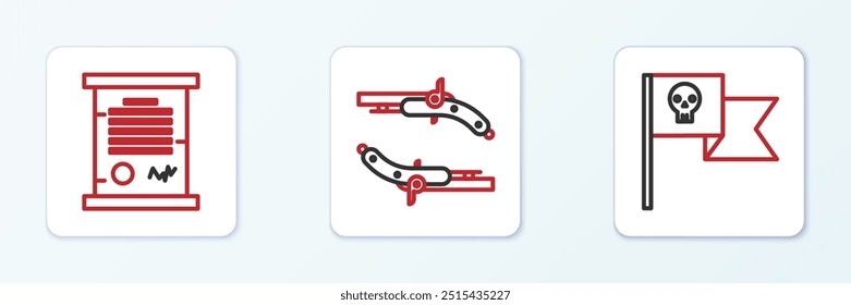 Set line Bandera pirata con calavera, decreto, pergamino, pergamino e ícono de pistolas Antiguas. Vector