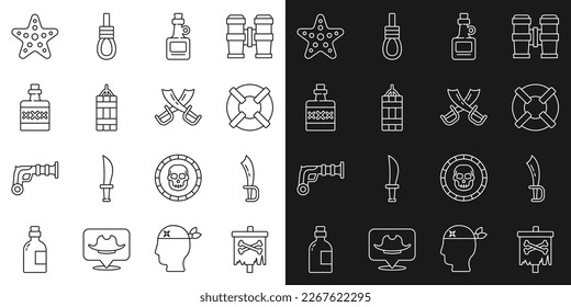 Set line Pirate flag, sword, Lifebuoy, Alcohol drink Rum, Dynamite bomb, Starfish and Crossed pirate swords icon. Vector