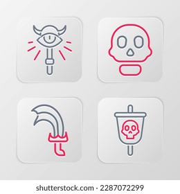 Set line Pirate flag, Sword for game, Skull and Magic staff icon. Vector