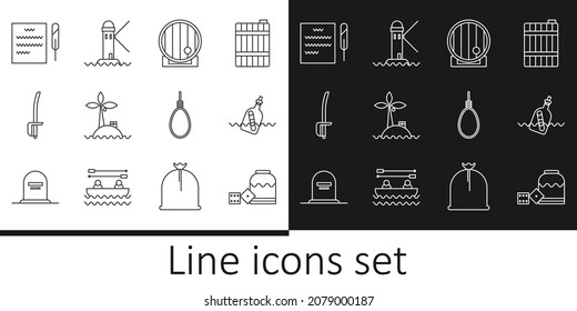 Set line Pirate game dice, Bottle with message in water, Wooden barrel, Tropical island ocean, sword, Feather pen scroll, Gallows rope loop hanging and Lighthouse icon. Vector