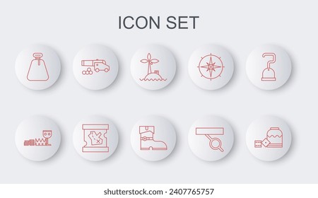 Set line Pirate game dice, Treasure and riches, Tropical island in ocean, eye patch, sack, Cannon with cannonballs, treasure map and Leather pirate boots icon. Vector