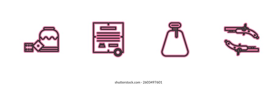 Set line Pirate game dice, sack, Decree, parchment, scroll and Vintage pistols icon. Vector