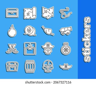 Die Linie Piratenhut, Kompass, Kanon, Schatzkarte, Schädel, Bombe bereit zum explodieren, antike Brust und Augenpflaster-Symbol festlegen. Vektorgrafik