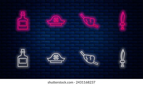 Set line Sombrero pirata, parche de ojo, bebida alcohólica Ron y espada. Icono de neón brillante en la pared de ladrillo. Vector