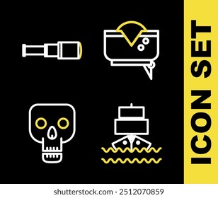 Conjunto de línea Sombrero pirata, barco, cráneo y icono de lente de telescopio Spyglass. Vector