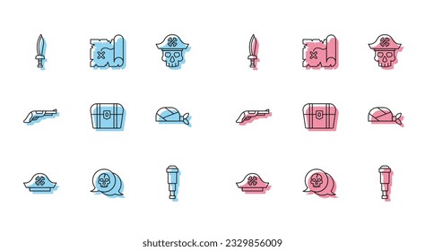 Set line Pirate hat, Skull, sword, Spyglass telescope lens, Antique treasure chest, bandana for head, Vintage pistol and map icon. Vector