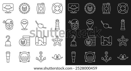 Set line Pirate hat, Starfish, Lighthouse, Gun powder barrel, Location pirate, Skull,  and eye patch icon. Vector