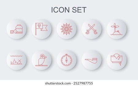 Set line Pirate hat, Sunken ship, Ship steering wheel, Smoking pipe, game dice, flag with skull, parrot and Compass icon. Vector