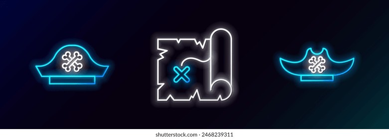 Set line Pirate hat,  and treasure map icon. Glowing neon. Vector