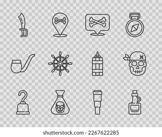 Línea Pirata gancho, Alcohol Beber Rum, Lugar pirata, moneda, espada, Volante de dirección del barco, lente del telescopio Spyglass e icono del cráneo. Vector