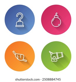 Set line Pirate hook, Bomb ready to explode, eye patch and Cannon. Color circle button. Vector