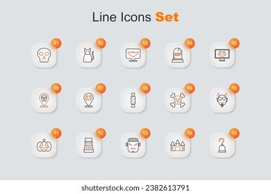 Set line Pirate hook, Castle, Frankenstein face, Bottle with potion, Pumpkin, Devil head, Skull crossbones and Candy icon. Vector