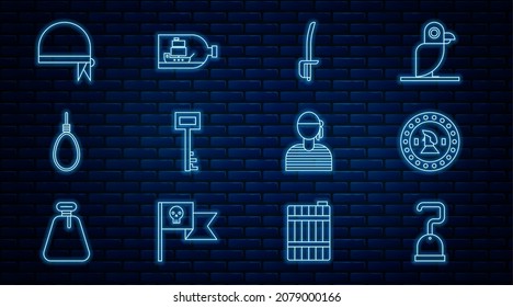 Set line Pirate hook, coin, sword, key, Gallows rope loop hanging, bandana for head, Sailor captain and Bottle with ship inside icon. Vector