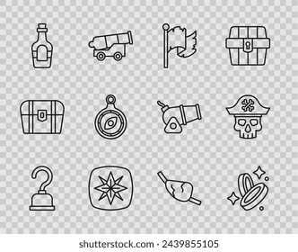 Set line Pirate hook, coin, flag, Wind rose, Alcohol drink Rum, Compass, eye patch and captain icon. Vector
