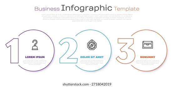 Set line Gancho pirata, brújula y cofre del tesoro antiguo. Plantilla de infografía de negocios. Vector