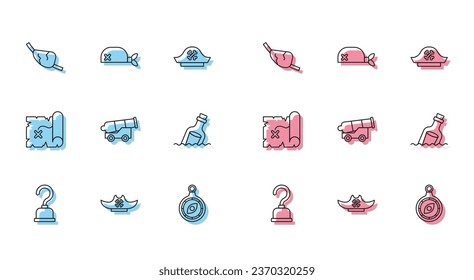 Fijar línea gancho pirata, sombrero, parche de ojos, brújula, cañón, botella con mensaje en agua, mapa del tesoro y bandana para icono de cabeza. Vector