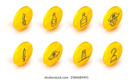 Set line Pirate hook, Lighthouse, hat, sword, captain, Alcohol drink Rum,  and  icon. Vector