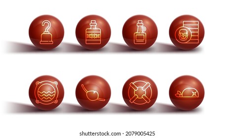 Set line Pirate hook, Ship porthole with seascape, coin, Lifebuoy, eye patch, Alcohol drink Rum, bandana for head and  icon. Vector