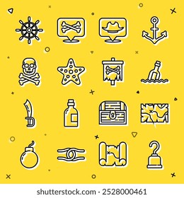 Set line Pirate hook, treasure map, Bottle with message in water, Location pirate, Starfish, Skull crossbones, Ship steering wheel and flag icon. Vector