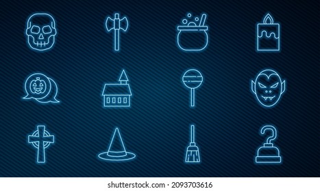 Set line Pirate hook, Vampire, Halloween witch cauldron, Castle, Pumpkin, Skull, Lollipop and Wooden axe icon. Vector