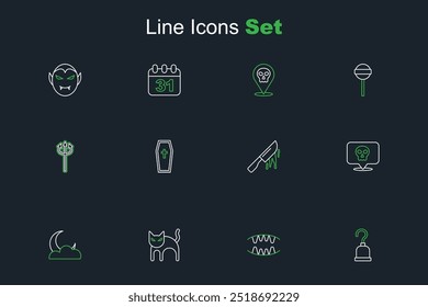 Set line Pirate hook, Vampire teeth, Black cat, Moon and stars, Skull, Bloody knife, Coffin with christian cross and Trident devil icon. Vector