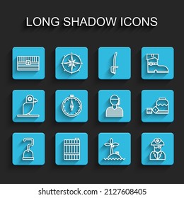 Set line Pirate hook, Wooden barrel, Antique treasure chest, Tropical island in ocean, captain, Compass, game dice and Sailor icon. Vector