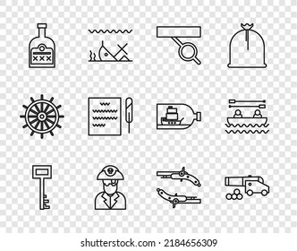 Set line Pirate key, Cannon with cannonballs, eye patch, captain, Alcohol drink Rum bottle, Feather pen and scroll, Vintage pistols and Boat oars icon. Vector
