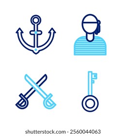 Set line Pirate key, Crossed pirate swords, Sailor captain and Anchor icon. Vector