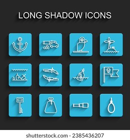 Set line Pirate key, sack, Anchor, Spyglass telescope lens, Gallows rope loop hanging, Vintage pistols, flag with skull and Bottle message water icon. Vector