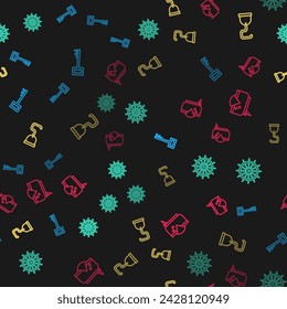Set line Pirate key, Ship steering wheel, hook and hat on seamless pattern. Vector