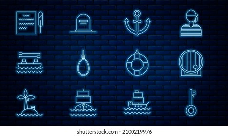 Set line Pirate key, Wooden barrel, Anchor, Gallows rope loop hanging, Boat with oars, Feather pen and scroll, Lifebuoy and Tombstone RIP written icon. Vector