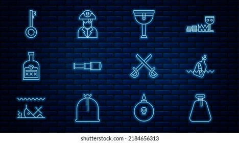 Línea Pirata saco, Botella con mensaje en agua, pierna pirata de madera, lente de telescopio Spyglass, Bebida Alcohol Botella Rum, llave, Espadas cruzadas e icono del capitán. Vector