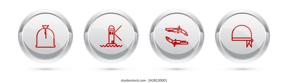 Set line Pirate sack, Lighthouse, Vintage pistols and bandana for head. Silver circle button. Vector