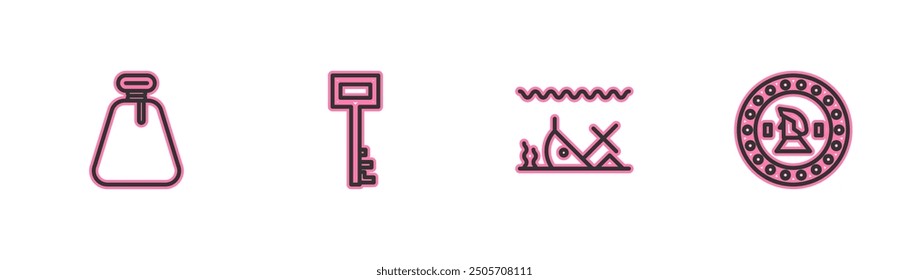 Set line Pirate sack, Sunken ship, key and coin icon. Vector