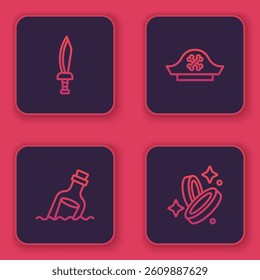 Set line Pirate sword, Bottle with message in water, hat and coin. Blue square button. Vector
