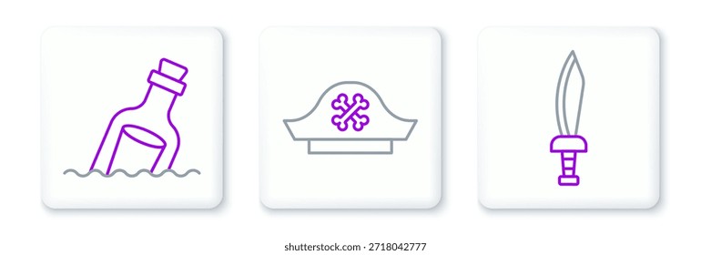 Fije la línea Espada pirata, botella con el mensaje en agua y el icono del sombrero. Vector