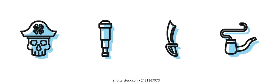 Espada pirata, capitán, lente del telescopio Spyglass e icono de la pipa de fumar. Vector