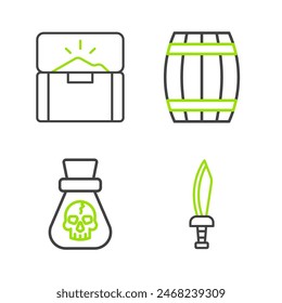 Set line Pirate sword, coin, Wooden barrel and Antique treasure chest icon. Vector