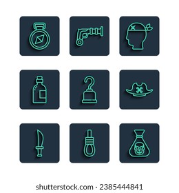 Fijar la línea Espada pirata, la cuerda de la horquilla de la horquilla colgante, la moneda, el capitán, el gancho, la bebida alcohólica Rum, la brújula y el icono del sombrero. Vector