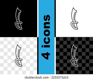 Set line Pirate sword icon isolated on black and white, transparent background. Sabre sign.  Vector