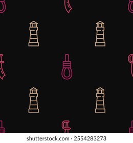 Set line Pirate sword, Lighthouse and Gallows rope loop hanging on seamless pattern. Vector