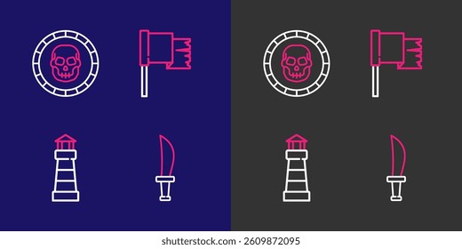 Set line Pirate sword, Lighthouse, flag and coin icon. Vector