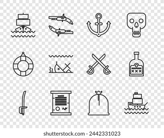 Set line Pirate sword, Ship, Anchor, Decree, parchment, scroll, Sunken ship, sack and Alcohol drink Rum bottle icon. Vector