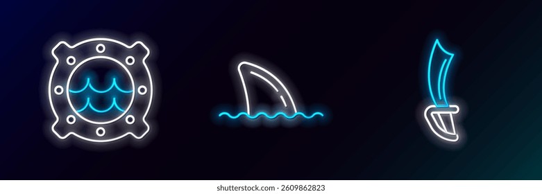 Set line Pirate sword, Ship porthole with seascape and Shark fin in ocean wave icon. Glowing neon. Vector