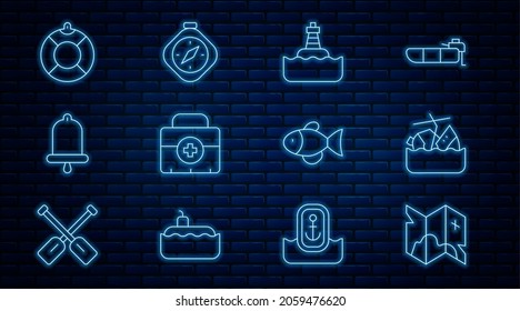 Set Line Pirate Treasure Map, Sinking Cruise Ship, Floating Buoy, First Aid Kit, Ship Bell, Lifebuoy, Fish And Compass Icon. Vector